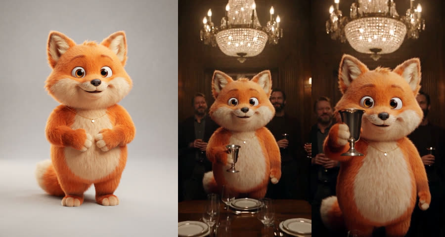 Cartoon fox character next to frames of the same cartoon fox raising a cup among real-looking party guests