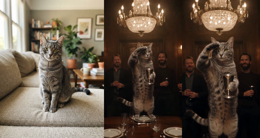 Grey tabby cat on a sofa next to frames of the cat standing on the dinner table holding a cup and shading its eyes with a paw