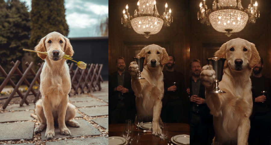 Golden retriever sitting outdoors next to frames of the same dog holding a silver cup in the party room