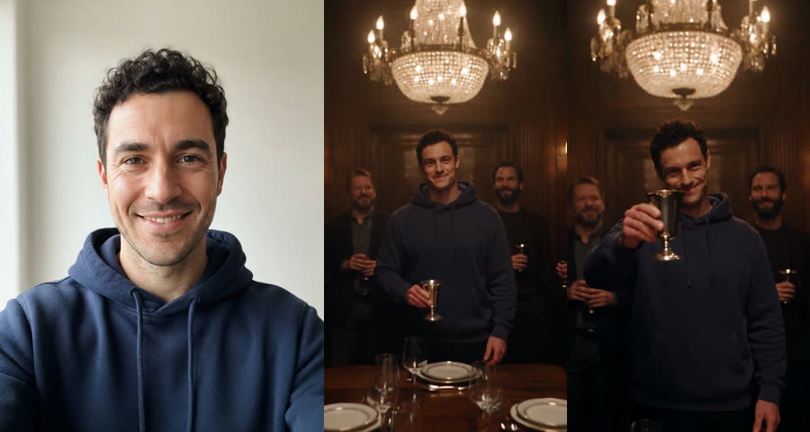 Front-facing selfie of a man in a navy hoodie next to two frames of him raising a silver cup in the chandelier room
