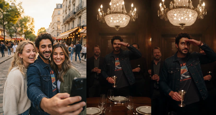 Selfie of three friends next to frames showing only the man from the middle of the photo as the party host