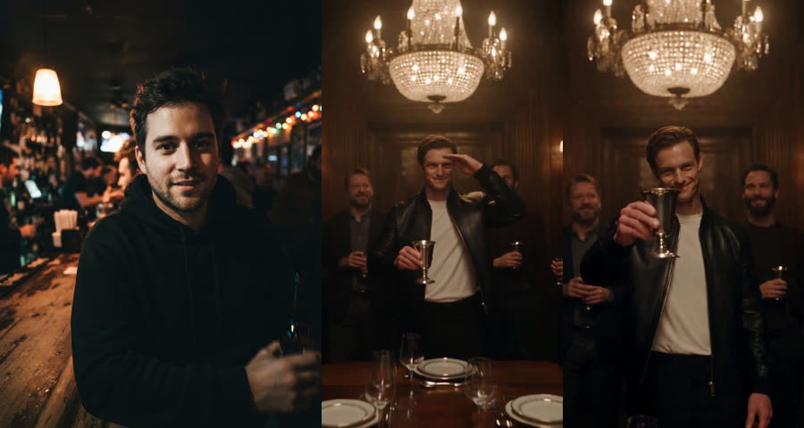 Dim bar photo of a man in a black hoodie next to frames of a different-looking man in a leather jacket and white T-shirt