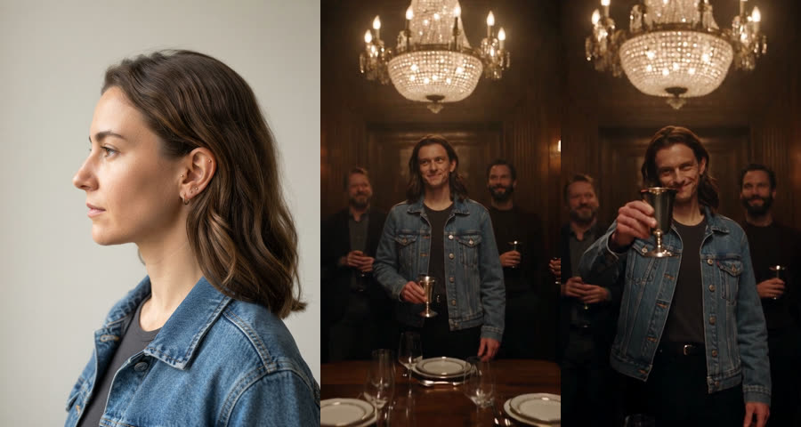 Side-profile photo of a woman in a denim jacket next to frames showing a different, long-haired man in the same jacket
