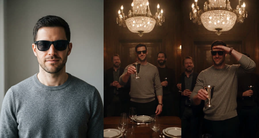 Man in dark sunglasses and a grey sweater next to frames of him toasting and scanning the room with the sunglasses still on